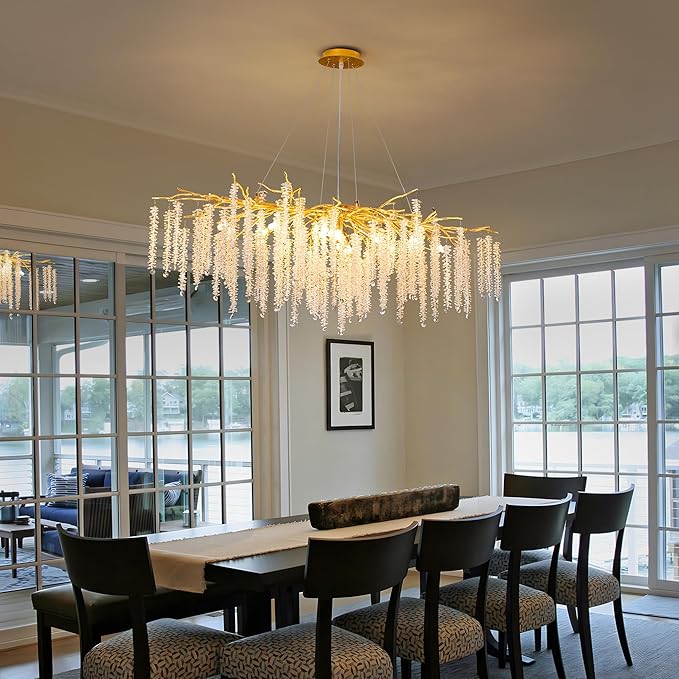 Tree Branch Chandelier L47 Luxury Rectangular Crystal Raindrop Pendant Light 13 Lights Kitchen Island Hanging Light Fixture for Living Room Dining Room Foyer Entryway Gold