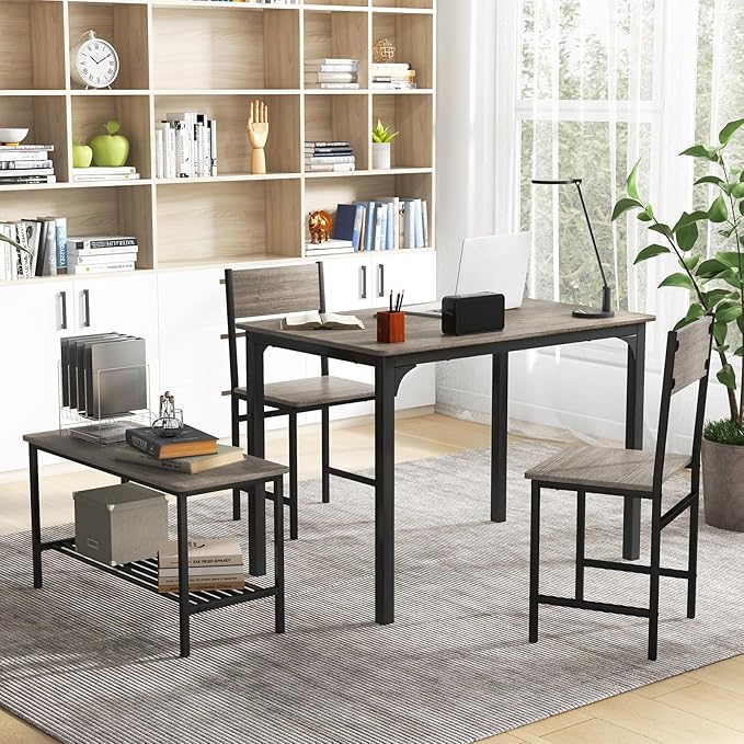 Giantex Dining Table Set for 4, Kitchen Table with Bench and Chairs, Industrial Gathering Bench Dining Set W/Metal Frame & Storage Rack, Dinette Set, Modern Functional Desk Set (Grey)
