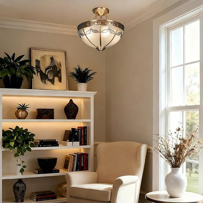 16" Vintage Pendant Light Fixture, 4-Light Semi Flush Mount Ceiling Light, Classic Handmade Glass Ceiling Light Fixture for Foyer Entryway Stairway