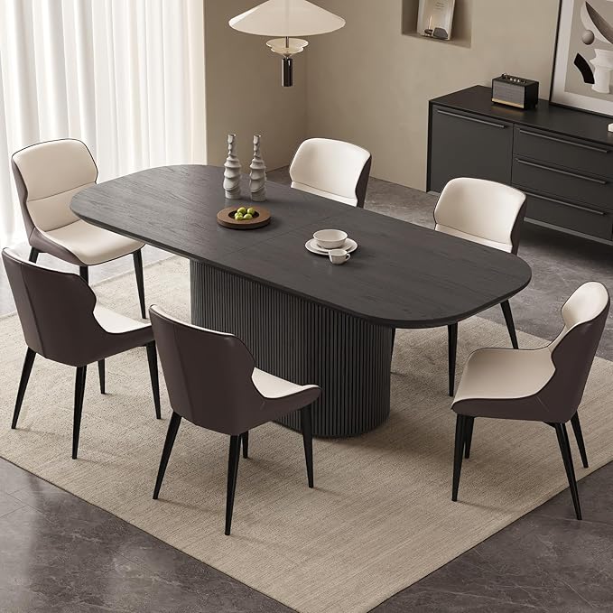 86.61" Oval Dining Table Set for 6, 7 Piece Modern Dining Room Table Set with 6 Dining Chairs for Kitchen, Living Room, Bar, Kitchen Table with Stable Oval Pedestal, Black