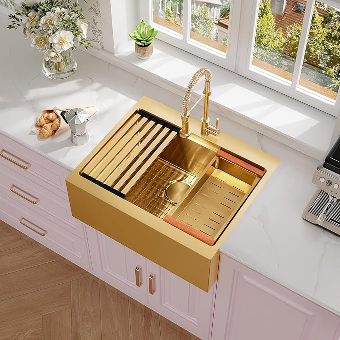 Rhbamoa Gold Farmhouse Sink 26 Inch,16 Gauge T304 Stainless Steel Drop in Kitchen Sinks,Small Single Bowl Apron Front Kitchen Farm Sink,10 Inch Depth Farm Sink with All Accessories