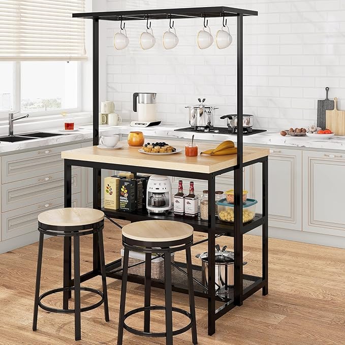 CABIHOME 42" Multi-Functional Kitchen Island with Storage – Heavy-Duty Wood & Metal Design, Microwave Shelf, 3-Tier Shelves, 5 Hooks, Coffee Bar Convertible (42"x28"x72")