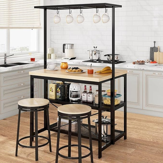 CABIHOME 42" Multi-Functional Kitchen Island with Storage – Heavy-Duty Wood & Metal Design, Microwave Shelf, 3-Tier Shelves, 5 Hooks, Coffee Bar Convertible (42"x28"x72")