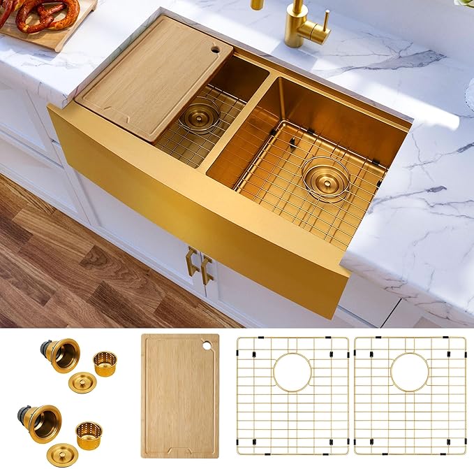 MILOSEN Gold Farmhouse Kitchen Sink, 33x20x10 Inch 50/50 Double Bowl Apron Front Undermount Sink, Gold Stainless Steel Workstation Farm Sinks with Ledge & Accessories, 10'' Deep Handmade Kitchen Sinks