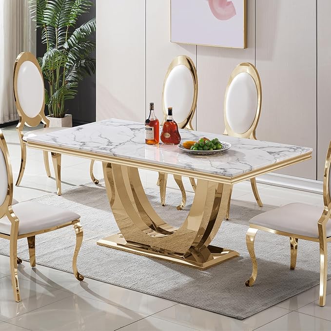 Modern Dining Table for 6-8, 68 Inch White Marble Kitchen Dining Room Table with Gold Mirrored U-Shape Base, Luxurious Rectangular Faux Marble Dinner Table for Dining Room,Living Room