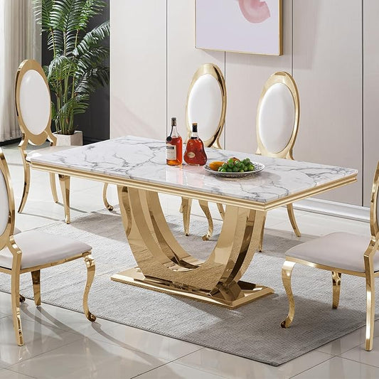 Modern Dining Table for 6-8, 68 Inch White Marble Kitchen Dining Room Table with Gold Mirrored U-Shape Base, Luxurious Rectangular Faux Marble Dinner Table for Dining Room,Living Room