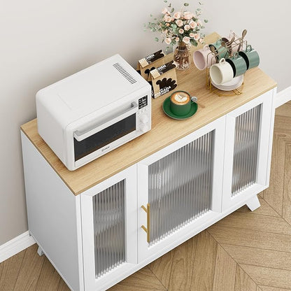 CABIHOME Buffet Cabinet, 36" Sideboard Buffet Storage Cabinet with Adjustable Shelves and Fluted Glass Door, Modern Coffee Bar, Table for Kitchen, Dining Room, Natural