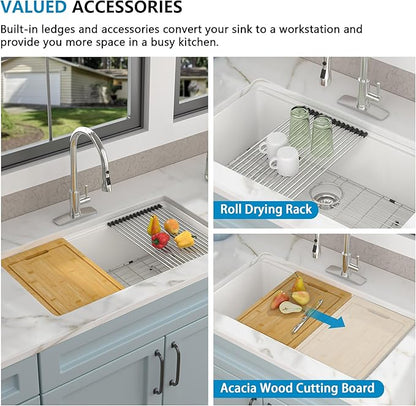 30"x19" Granite Composite Kitchen Sink - White Undermount Ledge Workstation Quartz Classic Under Counter Single Bowl Basin