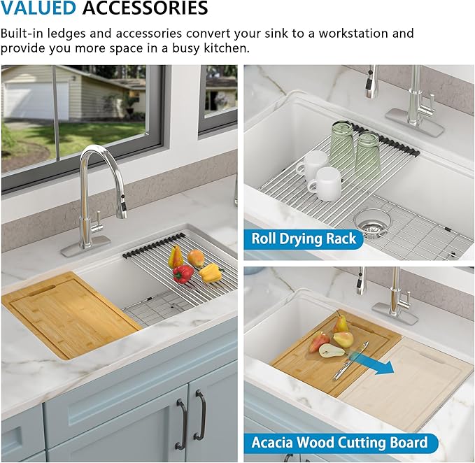 32 Granite Composite Kitchen Sink - Fulorni 32"x19" Granite Kitchen Sink Undermount Ledge Workstation White Quartz Classic Under Counter Single Bowl Basin