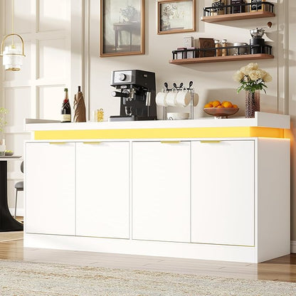 UNIQUITE 63" Sideboard Buffet Cabinet, Kitchen Buffet Cabinet Storage Cabinets with Power Outlets & LED Light, Modern Sideboard Coffee Bar Buffet Cabinets for Kitchen, Dinning, Living Room