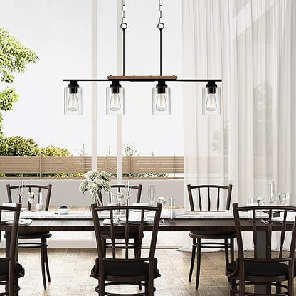 VONLUCE Dining Room Light Fixture Over Table, 4-Light Kitchen Island Lighting with Glass Shade and Adjustable Rods, Farmhouse Linear Chandelier Pendant Light for Kitchen Living Room, Matte Black
