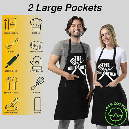 TOSHEX Funny Apron Waterdrop Resistant 100% Cotton Aprons for Women with Pockets Chef (1, Black - THE GRILLFATHER)