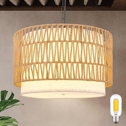 Rattan Drum Chandeliers for Dining Room, 19.7" 5-Lights(Bulbs Included) Boho Chandelier Light Fixture, Farmhouse Dining Room Light Fixtures Over Table, Hanging Light for Kitchen, Living Room, Bedroom