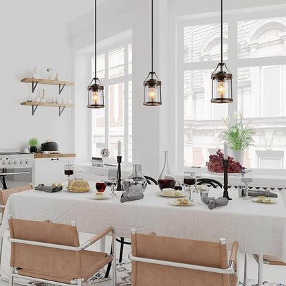 LOG BARN Pendant Lights Kitchen Island, Farmhouse Mini Kitchen Pendant Lighting Over Island with Clear Glass Shade, Rustic Faux Wood Pendant Light Fixtures for Dining Room, Hallway