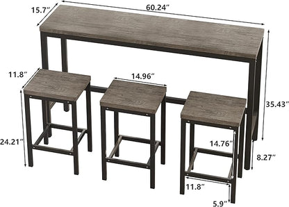 Merax Modern Design 4-Piece Counter Height Extra Long Dining Table Set with 3 Stools and Side Table with Footrest,Space-Saving Pub Kitchen Set,Easy Assembly,Brown Gray