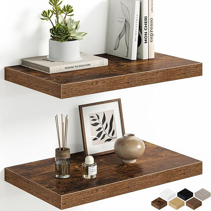 Floating Shelves Set of 2, 12 Inch Deep Floating Shelves with Heavy Duty Brackets, 20'' Rustic Wood Wall Mounted Shelf for Bathroom, Bedroom, Living Room & Kitchen, Modern Home Decor Storage, Brown