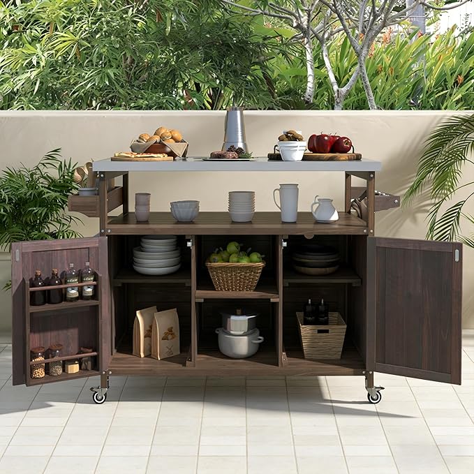 Bellemave Outdoor Kitchen Island with Stainless Steel Top, Rolling Bar Cart & Storage Cabinet, Outdoor Grill Cart with Spice & Towel Rack, Rolling Island Table for Kitchen & BBQ, Dark Brown