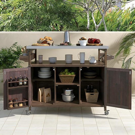 Bellemave Outdoor Kitchen Island with Stainless Steel Top, Rolling Bar Cart & Storage Cabinet, Outdoor Grill Cart with Spice & Towel Rack, Rolling Island Table for Kitchen & BBQ, Dark Brown