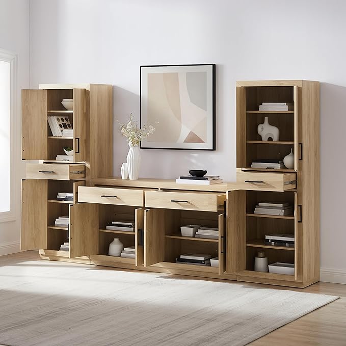Crosley Furniture Isla 3-Piece Modern Sideboard Buffet Cabinet and Kitchen Storage Pantry Set, Ash