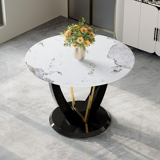 JUFU Round Dining Table for 4, 42 Inch Faux Marble Look Dining Room Table, Black Small Kitchen Table with Stable Pedestal, Modern Glass Dining Table for Kitchen,Living Room,Apartment,Restaurant