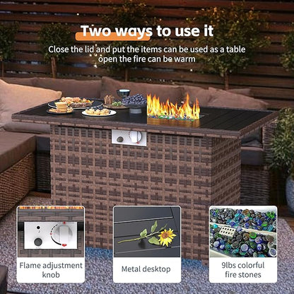 UDPATIO Patio Furniture Set with Fire Pit Table, 8 Inch Armrest 7 Piece Outdoor Sectional Sofas, All-Weather Wicker Conversation for Garden, Backyard, Brown/Khaki