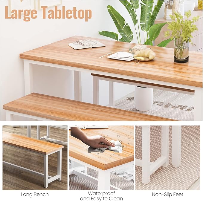 Recaceik Dining Table Set with Bench, 3 Pieces Dining Furniture Set Kitchen Table Set Sturdy Structure Space-Saving Dinette for Kitchen, Dining Room Breakfast Nook, Living Room, Beige