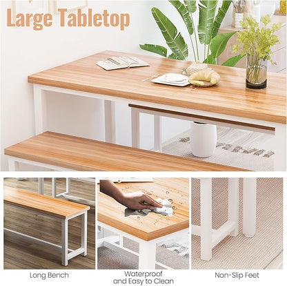 Recaceik Dining Table Set with Bench, 3 Pieces Dining Furniture Set Kitchen Table Set Sturdy Structure Space-Saving Dinette for Kitchen, Dining Room Breakfast Nook, Living Room, Beige