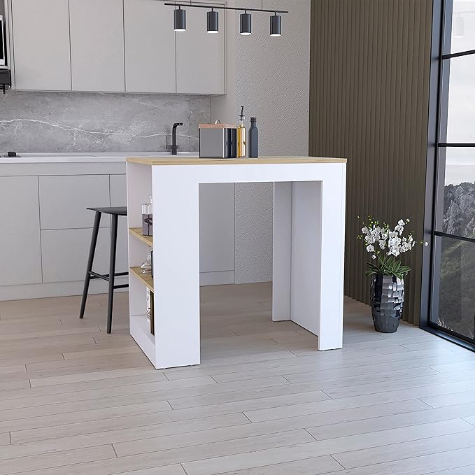 GOWE Kitchen Island, Kitchen Bar Table 36" H, with 3-Side Shelves, White/Macadamia