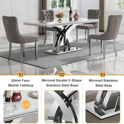 Modern Marble Dining Table for 4-6,White Dining Room Table with Silver X Stainless Steel Base,68" Rectangle Faux Marble Kitchen Table for 4-6 People,Luxury Dining Table for Living Room Home Office