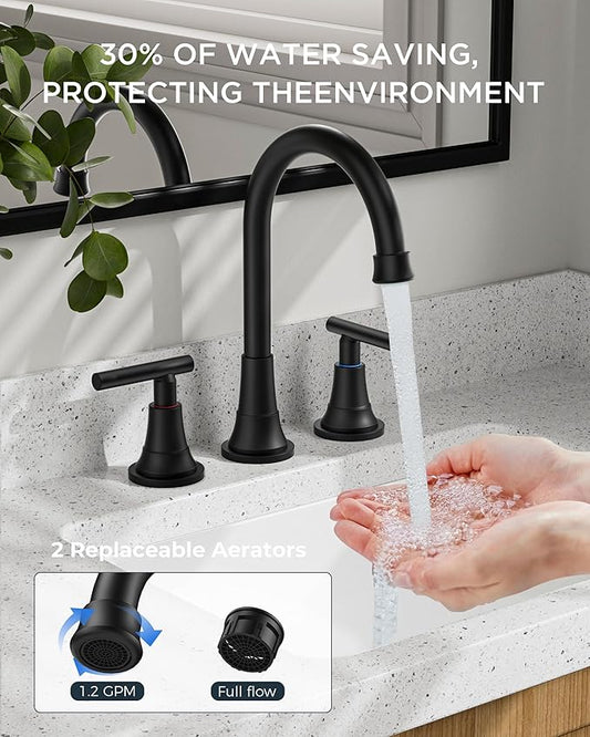 FORIOUS Matte Black Bathroom Faucet 3 Holes Vanity, 2 Handle 360° Swivel 8 In Widespread Black Bathroom Sink Faucet 3 Hole, with 360 Degree Rotating Spout, Pop-up Drain, Supply Lines, 2 Pack