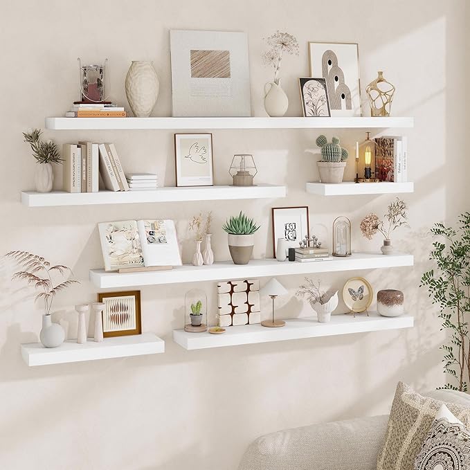 Fun Memories Floating Shelves for Wall, 55Inch Floating Shelves Set of 2, Hanging Shelf with Invisible Brackets, Wood Shelves for Living Room, Bedroom, Kitchen, White