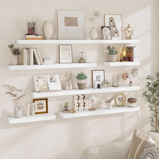Fun Memories 55 Inch Fireplace Mantel - Long Floating Shelf, Wall Mounted Farmhouse Display with Invisible Heavy Duty Metal Bracket, White