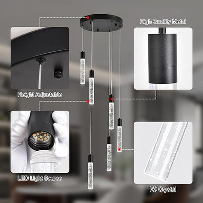 6 Light Pendant Lights Kitchen Island,Modern LED Bubble Crystal Pendants with Dimmable 3000K-6000K Ceiling Hanging Light Fixture for Dining Room Bedroom,Matte Black Finish,Adjustable Height 78"