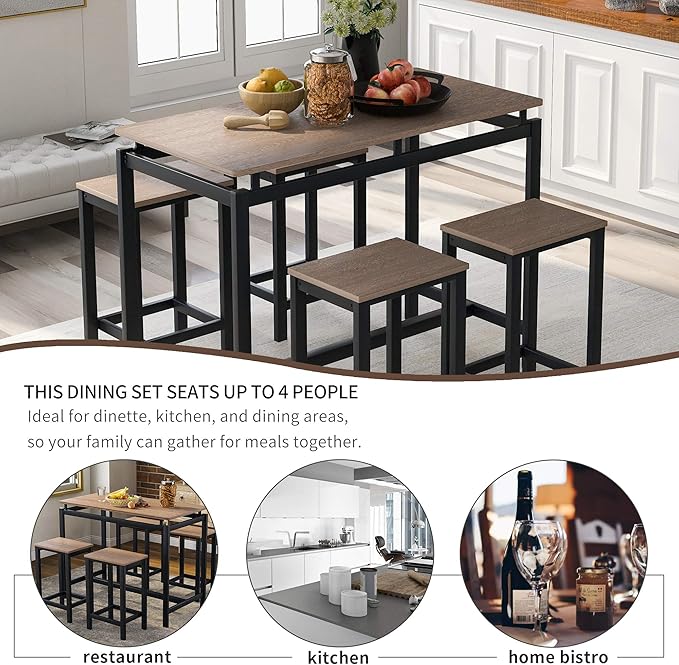 Solid Wood 4-Piece Kitchen Dining Table Set, Counter Height Bar Table Set with 3 Stools and Storage Shelves, Perfect for Home, Kitchen, Living Room (Dark Brown-1)