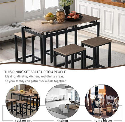 Solid Wood 4-Piece Kitchen Dining Table Set, Counter Height Bar Table Set with 3 Stools and Storage Shelves, Perfect for Home, Kitchen, Living Room (Dark Brown-1)