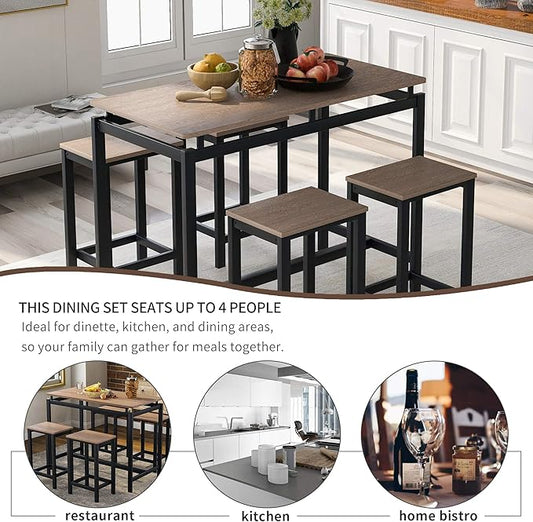 Solid Wood 4-Piece Kitchen Dining Table Set, Counter Height Bar Table Set with 3 Stools and Storage Shelves, Perfect for Home, Kitchen, Living Room (Dark Brown-1)