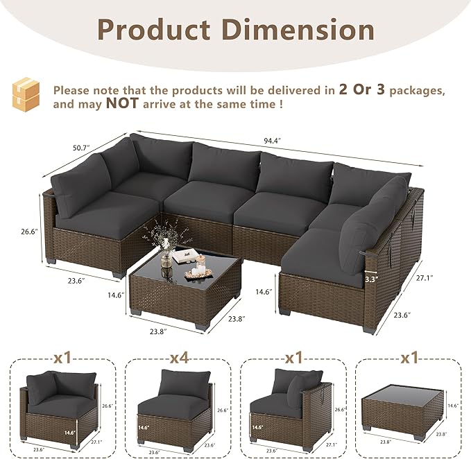 LOUVIXA 7 Piece Outdoor Patio Furniture Set, Outdoor Sectional Sofa, Wicker Rattan Patio Furniture, Patio Conversation Set with Coffee Table & Cushions