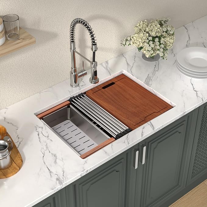 Lordear 26 Undermount Kitchen Sink Workstation 26x19 Stainless Steel Sinks 16 Gauge Deep Single Bowl Under Counter Kitchen Sink Basin with Cutting Board
