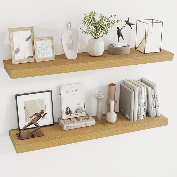 Dreamland 40 Inches Floating Shelves for Wall, 9.3 Inch Deep Floating Shelves Set of 2, Large Display & Storage Shelf, Wall Shelf for Bathroom Bedroom Living Room Kitchen Office,Oak