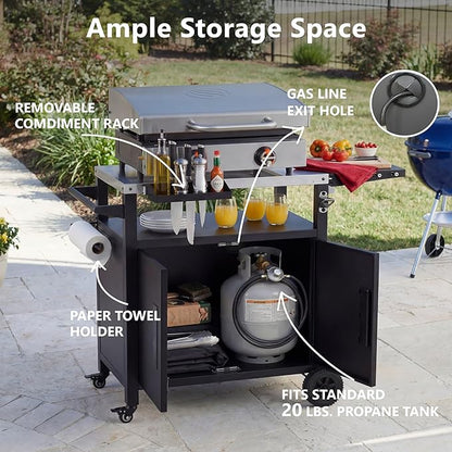 Outdoor Kitchen Island with Stainless Steel Top and Storage Cabinet, Metal Kitchen Island with Foldable Table and Hooks & Spice Rack, Rolling Grill Cart with Wheels and Waterproof Cover Included Black