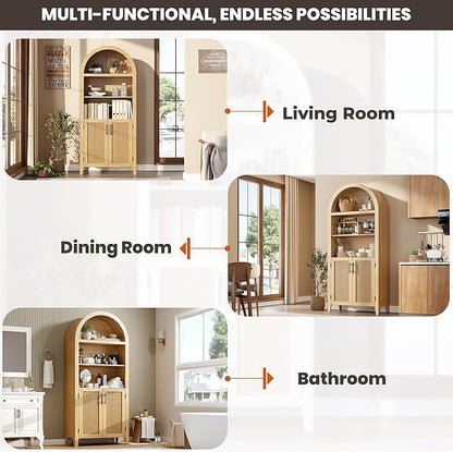 Garvee Arched Kitchen Pantry Storage Cabinet - 5-Tier Open Display Shelf with Rattan Decor, Farmhouse Storage Cabinet for Kitchen, Dining Room, Living Room, Natural