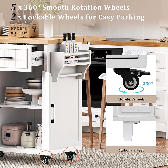 Ball & Cast 56.5" Large Kitchen Island with Drop Leaf and Power Outlet,Embossed Vertical Stripe Rolling Kitchen Cart on Wheels W/Adjustable Shelves,4 Doors & 5 Deep Drawers,for Dining Room,White