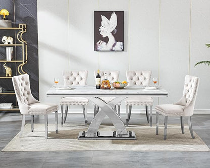 68" Faux Marble White Dining Table for 6-8, Modern Dining Room Table with 0.71" Marble Printing MDF Top and X-Shaped Silver Stainless Steel Base, Rectangle Kitchen Dinner Table