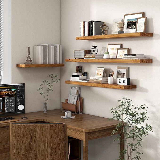 Axeman Floating Shelves for Wall, 8 Inch Deep Rustic Solid Elm Wood Wall Shelves for Storage, Wall Mounted Display Shelving with Invisible Heavy-Duty Metal Bracket, 36'' Width Set of 2, Natural