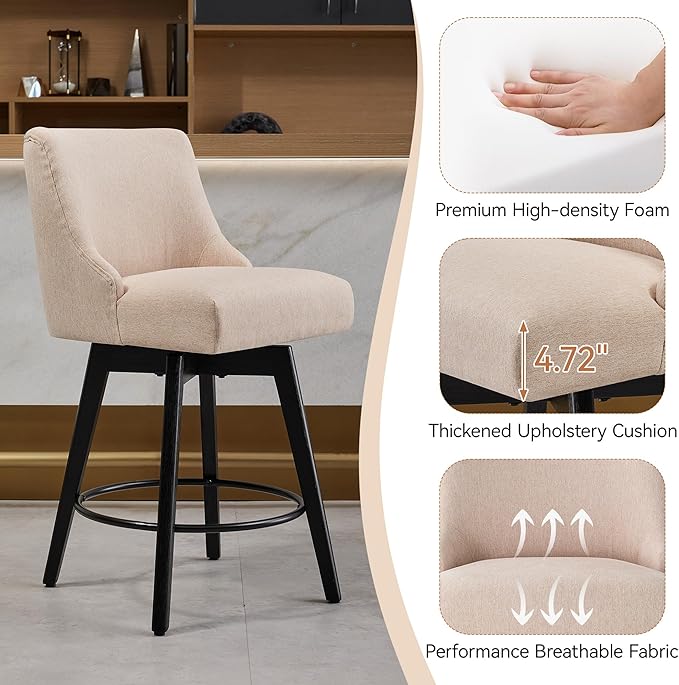Vipbear Counter Height Bar Stools Set of 4, 26" H Swivel Bar Stools with Backs, Linen Fabric Upholstered Bar Chairs with Solid Wood Legs for Kitchen Island, Dining Room, Home Bar, Beige