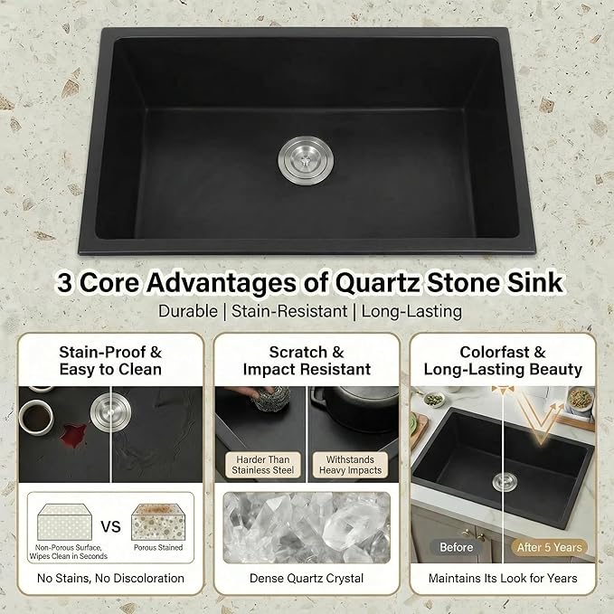 MILOSEN Black Kitchen Sink 31×18×9 Inch, Undermount/Drop In Granite Composite Quartz Single Bowl Sink, Large Deep Undermount Kitchen Sinks with Custom Accessories