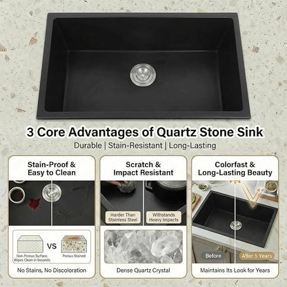 MILOSEN Black Kitchen Sink 27×18×9 Inch, Undermount/Drop In Granite Composite Quartz Single Bowl Sink, Large Deep Undermount Kitchen Sinks with Custom Accessories