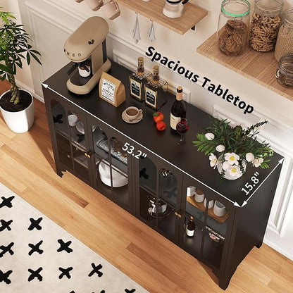 Foreate Sideboard Buffet Cabinet with Glass Door & LED Light, 53.2" Large Buffet Cabinet with Storage & Adjustable Shelf, Farmhouse Sideboard Credenzas Metal Kitchen Buffet, Black