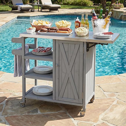JIJIWANG 33.4" Foldable Outdoor Kitchen Island Patio Kitchen Island Outdoor Kitchen Cart Portable Prep Station with Lockable Wheels, Storage Cabinet and Towel Rack for Patio and Outdoor Grey