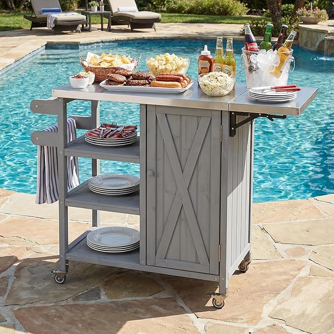 MERITLINE Foldable Outdoor Kitchen Island with Stainless Steel Top, Lockable Rolling Casters & Towel Rack, Mobile BBQ Prep Cart with Open Shelves and Hidden Cabinet for Patio, Balcony, Grey